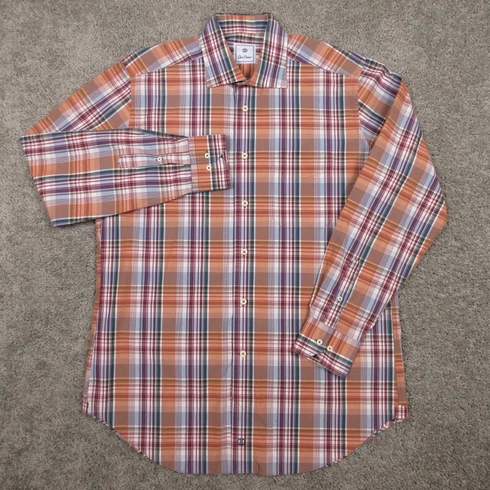 David Donahue Shirt Mens Large Orange Plaid Cotton Woven Casual Button Up EUC